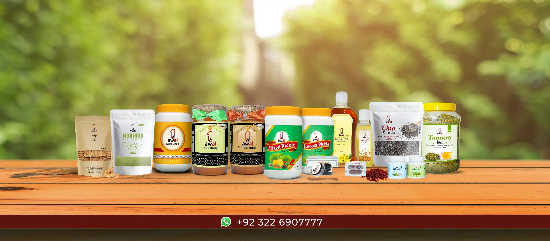 The complete range of Awal organic products including honey, desi ghee, pickles, chia seeds, moringa powder, mustard oil and Tumuro tea